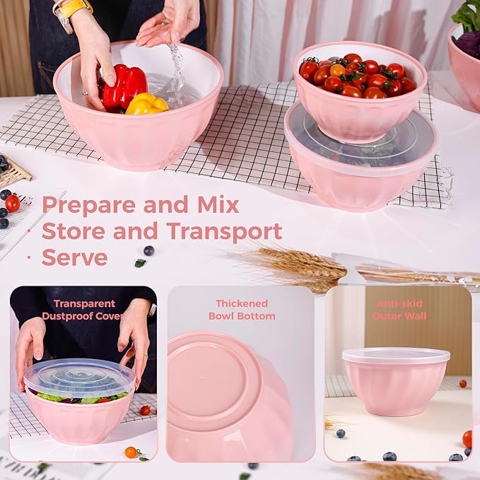 BoxedHome Mixing Bowls with Lids Set, 4PK Large 0.2” Thick Plastic Nesting Mixing Bowl, Microwave Safe,Size 1.37,2.32,3.8 and 5.07qt, Pink