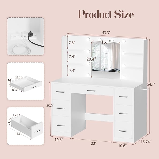 YESHOMY Vanity Desk with Mirror, Power Outlet and 10 Lights, Makeup Table with 7 Drawers, 3 Color Modes Available for Bedroom, Light White