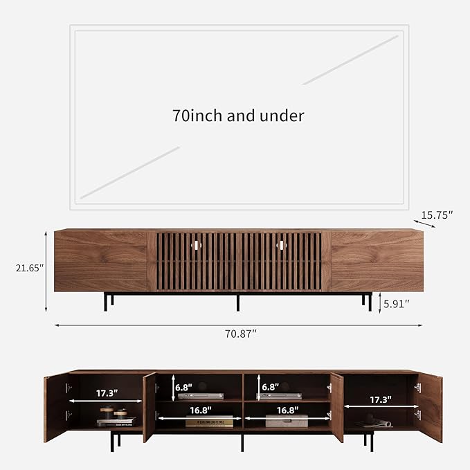 Mid Century Modern TV Stand with 4 Doors, 70.87 Inch Wide Entertainment Center TV Console for Living Room Bedroom, Media Console TV Cabinet with Storage Walnut