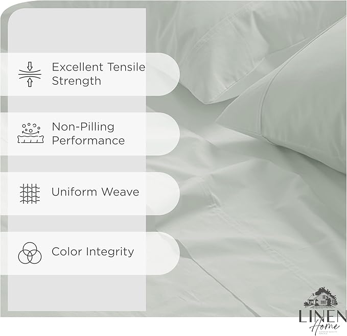 Linen Home 100% Cotton Percale Sheets King Size, Dove Grey, Deep Pocket, 4 Pieces Set - 1 Flat, 1 Deep Pocket Fitted Sheet and 2 Pillowcases, Crisp Cool and Strong Bed Linen