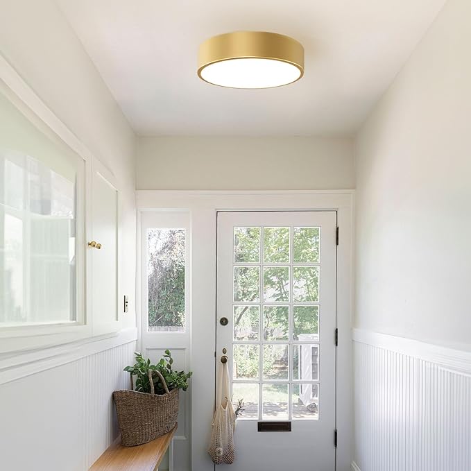Modern Gold Flush Mount Light, 12 Inch 2-Light Round Close to Ceiling Fixture, Minimalist Lamp for Foyer, Hallway, Kitchen Island, Bedroom, Laundry, Bathroom