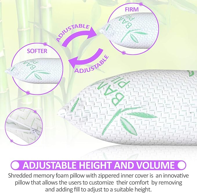 Queen Size Rayon Derived from Bamboo Pillow for Sleeping, Cooling Shredded Memory Foam Bed Pillows Set – Back, Stomach, Side Sleepers, Removable Cover, Adjustable to Firm / Soft, Queen (Pack of 1)