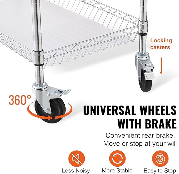 VEVOR Kitchen Utility Cart, 3 Tiers, Wire Rolling Table with 661 LBS Capacity, Steel Service Desk on Wheels, Metal Storage Trolley with 80 mm Deep Basket Curved Handle PP Liner 6 Hooks