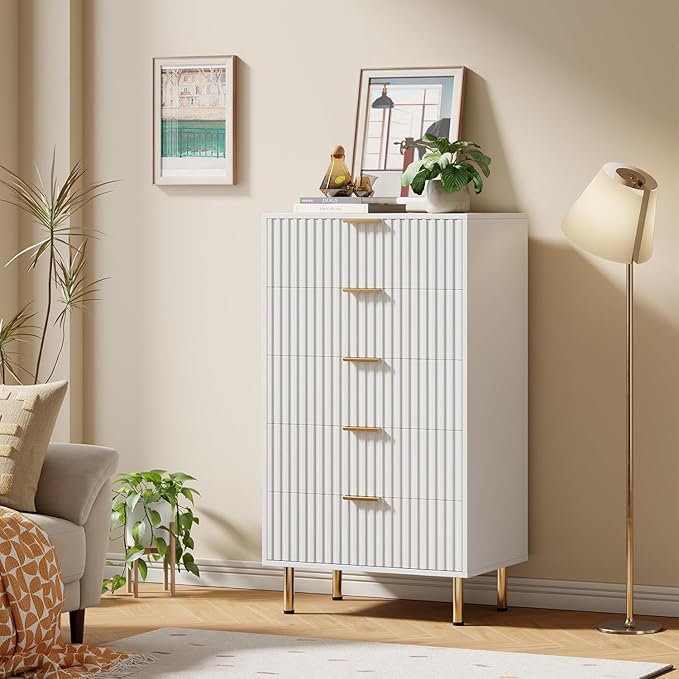 GarveeHome Fluted 5 Drawer Dresser for Bedroom, 48" Tall Modern Chest of Drawers with Deep Drawers and Wide Top, Wooden Dresser Organizer for Living Room, Hallway, Kids Room, White