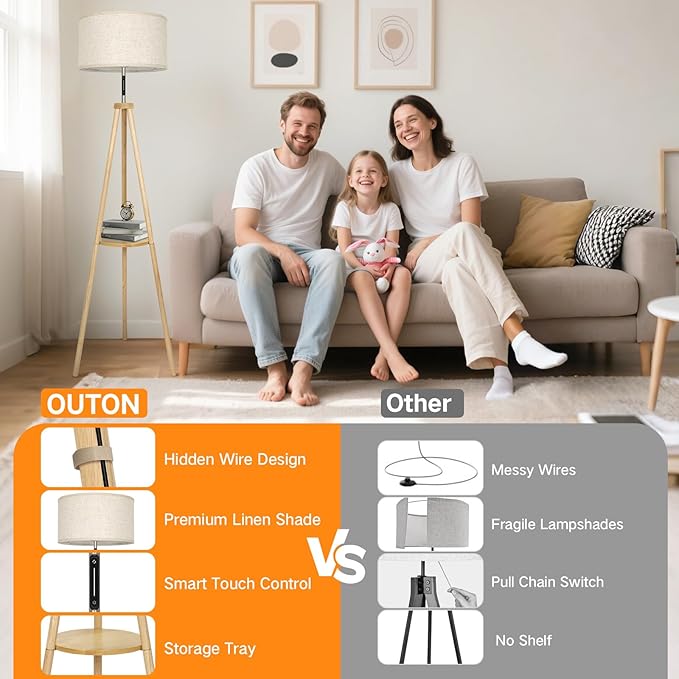 OUTON Wood Tripod Floor Lamp with Shelves, Mid Century LED Modern Dimmable Floor Lamp with Remote Control, Sturdy Tall Standing Lamp with Beige Lamp Shade for Living Room, Bedroom, Office