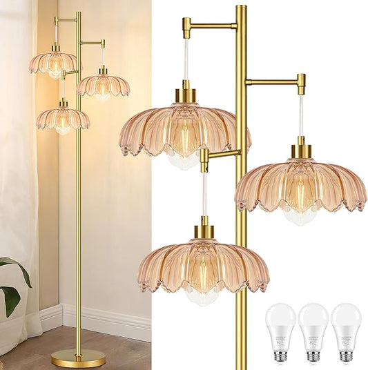 Gold Floor Lamps for Living Room 3 Lights Floor Lamp with Glass Lampshape & Three Led Bulb,Mid Century Standing Lamp Vintage Brass Tall Lamp Tree Floor Lamp for Bedroom Corner
