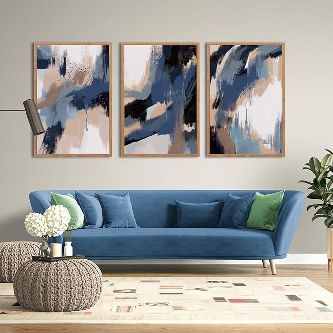 Extra Large Blue Neutral Wall Art Decor Modern Abstract Wall Painting Framed Artwork for Living Room Bedroom Office 24x36 Inch Set of 3