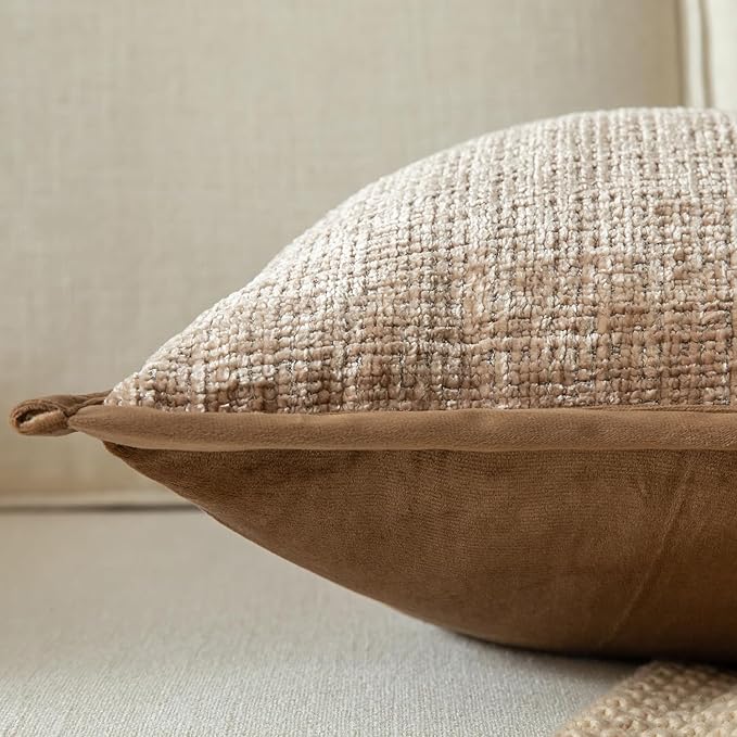 Yaertun Pack of 2 Chenille Textured Decorative Throw Pillow Covers Accent Solid Cushion Cover Soft Cozy Pillow Case with Velvet Back for Couch Sofa Bed Living Room 24x24 Inch Camel