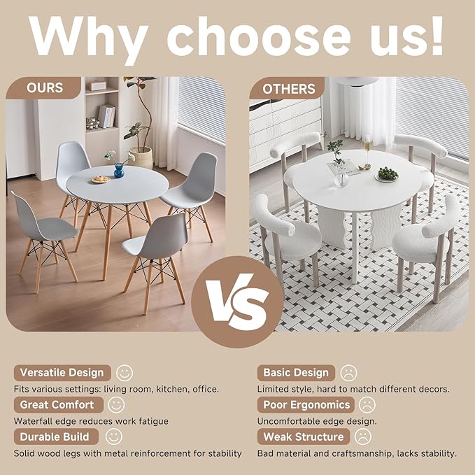 31.5'' 5 Piece Round Dining Table Set for 4, Mid-Century Modern Table with Chairs, Space Saving, Plastic Seats, Wood Legs, Circle Dinner Table for Kitchen, Home, Apartment, Gray