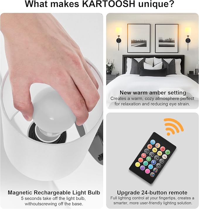 Battery Operated Wall Sconce Set of Two,Wireless Rechargeable Wall Light With Remote Control, Dimmable, 1800K/3000K/4000K/6000K/RGB, Timer, for Living Room, Bedroom, Fireplace, TV, 26.8 Inch, Black