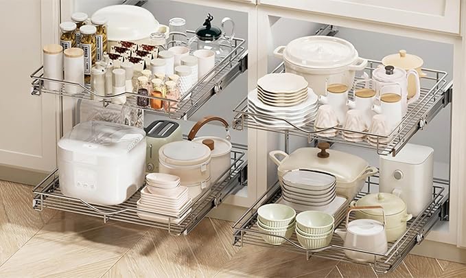 DINDON 2 Tier Pull Out Cabinet Organizer (17" W x 18" D) Heavy-Duty Metal Sliding Drawer Shelf, Two Tier Pull Out Shelves for Kitchen Cabinets, Pantry, Bathroom, Chrome Finish