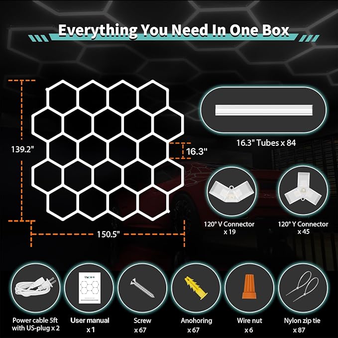 Hexagon Garage Lights: 581W 84 Pack 22 Grids LED Garage Lights - Easy Install 6500K Super Bright Honeycomb Light for Warehouse, Car Detailing Shop, Exhibition Hall, Gym