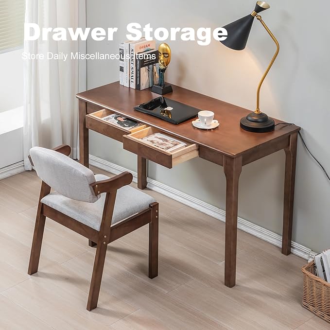 Solid Wood Desk, Gaming Study Home Office Desks for Work, Student PC Desk for Bedroom, Small Computer Desk for Small Spaces, Easy to Assemble (Walnut Color, 47inch)