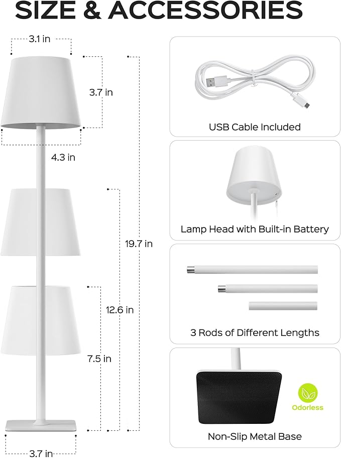 JACKYLED Cordless Lamp DIY Height, 3 Color Stepless Dimming, 5000mAh Battery Operated Lamp Portable Rechargeable for Bedroom Dinning Kitchen, White, 2 Pack