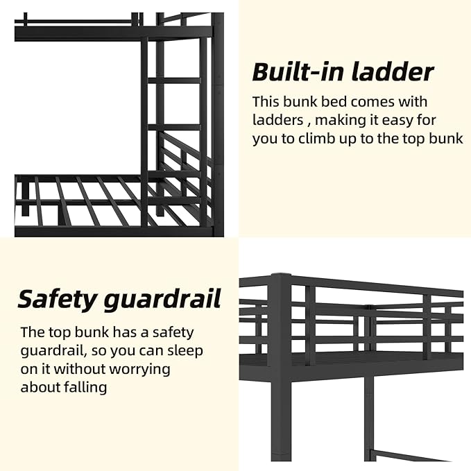 Full Over Full Bunk Bed Frame, Heavy Duty Metal Loft Bed for Adults/Teens, 350/500LB Capacity w/Ladder & Guardrail, Noise-Free Steel Slats, No Box Spring Required, Black