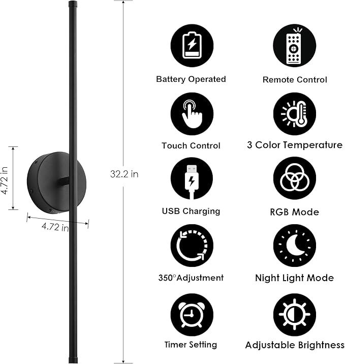 Battery Operated Wall Sconces, Warm White/Natural White/Daylight/RGB, LED Black Wireless Wall Light. 32.2 Inch