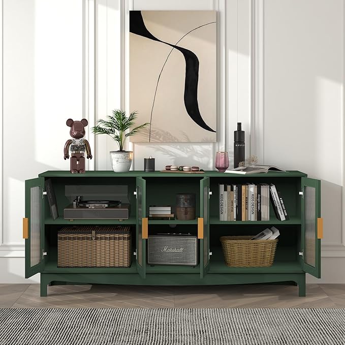 65 Inch Green TV Stand for TVs up to 70+ inch, Mid Century Modern Glass Door TV Console Table, Entertainment Center with Storage Cabinet, Wood Media Console for Bedroom, Living Room (Green)