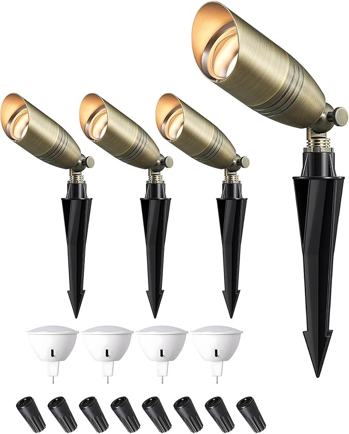 EDISHINE Solid Brass Landscape Spotlights, 12V LED Low Voltage Landscape Lights, 3CCT MR16 Bulb Included, Bronze Heavy Duty Waterproof Spot Lights,Outdoor Lighting for Garden Yard Tree, 4 Pack