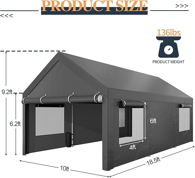 Shintenchi Carport 10' x 20' Heavy Duty Portable Garage, Carport Canopy with Side-Opening Door & Roll-Up Windows, Car Canopy for Truck,Car,Boat,Grey