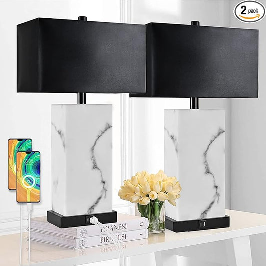 24” Black Touch Table Lamp Set of 2 with USB Ports, 3-Way Dimmable Bedside Nightstand Lamps for Bedroom Living Room End Tables, Night Stand Light Side Lamp Faux Silk Shade, Bulbs Included