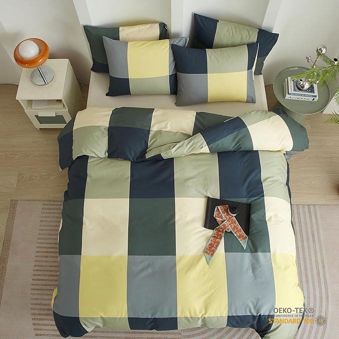 mixinni Queen Comforter Set Men Boys Geometric Checkered Plaid Pattern Bedding Comforter for All Season Soft Lightweight Bedding Set-(Queen Size, Green,Yellow,Khaki)