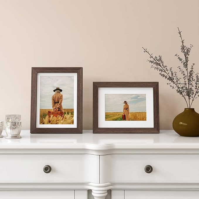 Egofine 6x8 Picture Frame Made of Solid Wood with Plexiglass, Display Pictures 4x6/5x7 with Mat or 6x8 Without Mat for Tabletop and Wall Mounting, Rustic Brown