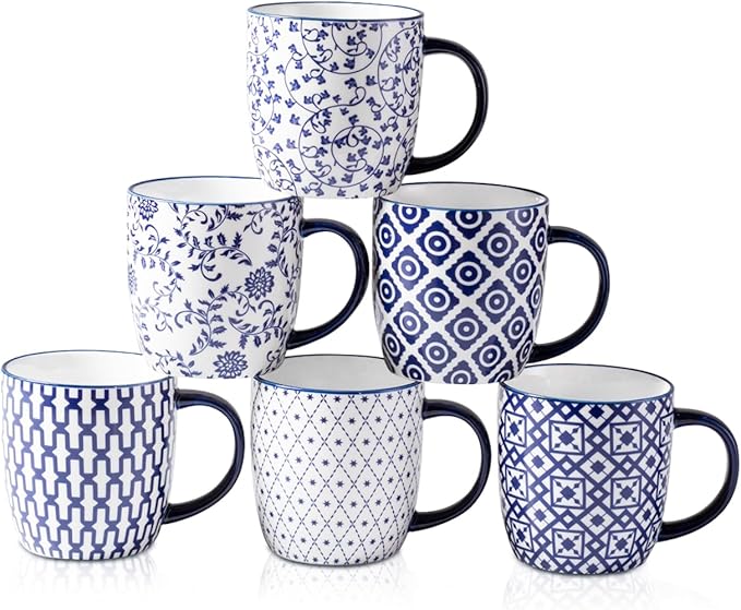 Ceramic Coffee Mugs Set - 10 OZ Large Porcelain Tea Cups with Handle for Milk Cappuccino Latte Cocoa Tea - Microwave Dishwasher Safe - Christmas Housewarming Gift -Set of 6 - Vintage Blue