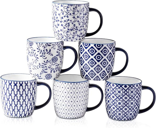 Ceramic Coffee Mugs Set - 10 OZ Large Porcelain Tea Cups with Handle for Milk Cappuccino Latte Cocoa Tea - Microwave Dishwasher Safe - Christmas Housewarming Gift -Set of 6 - Vintage Blue