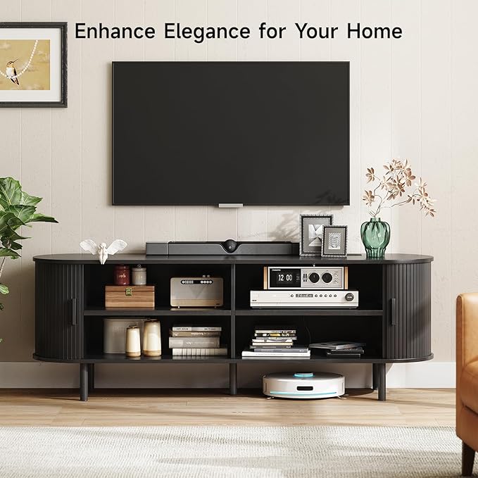 63" TV Stand with Power Outlet for TVs up to 70 Inch, Entertainment Center with Storage and Adjustable Shelves, Modern Media Console with Sliding Doors for Living Room, Black