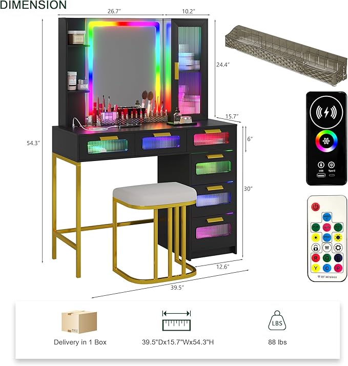 HNEBC Black LED Vanity, Makeup Vanity with RGB Lights and 6 Drawers for Bedroom, Makeup Desk with USB/Wireless Charging, Dressing Table with Shelves/Cabins/Stool, Vanity Table Set as Gifts for Girls