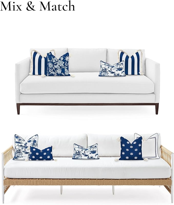 Hofdeco Premium Coastal Hampton Style Patio Indoor Outdoor Lumbar Pillow Cover Only, 12"x20" Water Resistant for Backyard, Couch, Navy Blue Beach Scene