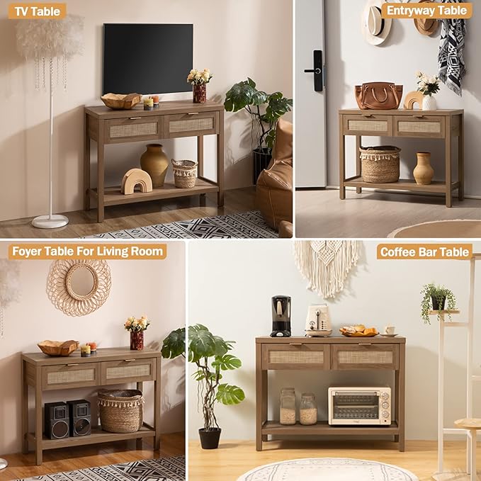 SICOTAS Console Table with Rattan Drawers - Boho Rattan Entryway Table with Storage, Small Console Tables for Entryway, Entry Tables for Hallway
