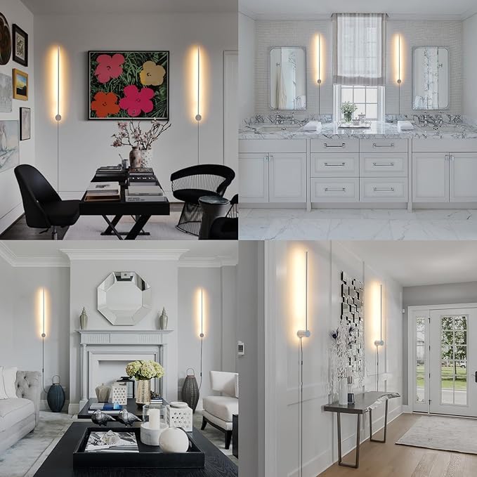 Modern LED Plug in Wall Sconces Set of Two,Chrome Dimmable 23.6" Wall Lighting,Bathroom Vanity Light Fixtures,Metal Wall Lamps with Memory Function for bathrooms,bedrooms,Living Rooms,Hallway