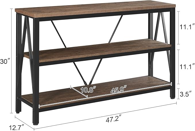 HOMISSUE Entryway Console Table, Rustic Console Table with Wide Storage, Industrial Foyer for Entryway with 3-Tier Open Shelves, Entry Tables for Living Room, Hallway, Brown, 47 Inch