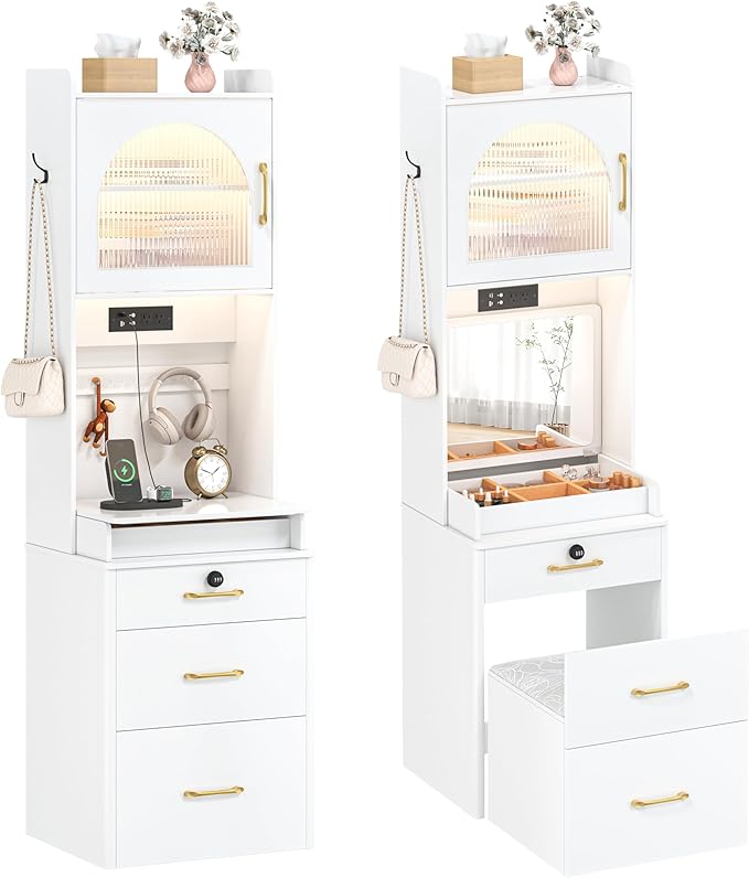 KAMABOKO Vanity Desk with Mirror and Lights, Large Makeup Vanity Table Set with Drawers & Cabinets & Power Outlet, 3 LED Lights Modes Adjustable (029 White)