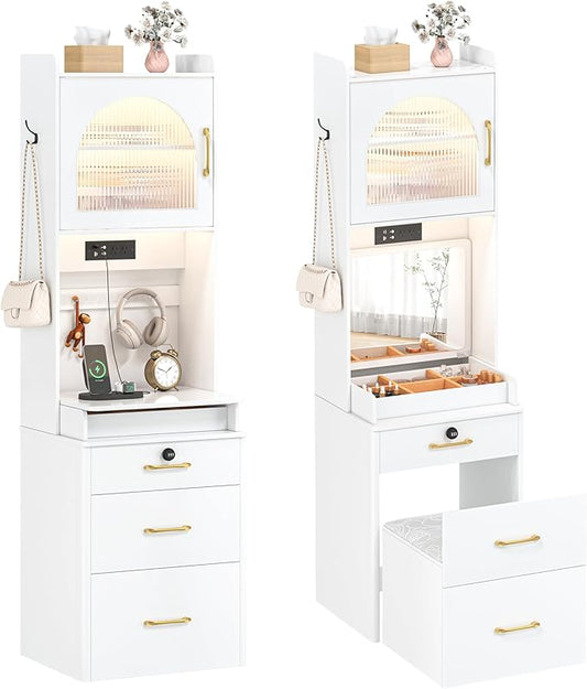 KAMABOKO Vanity Desk with Mirror and Lights, Large Makeup Vanity Table Set with Drawers & Cabinets & Power Outlet, 3 LED Lights Modes Adjustable (029 White)