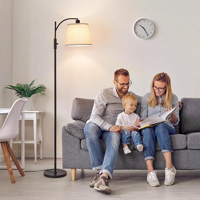 AIDENOEY Fully Dimmable Floor Lamp for Living Room，Standing Lamp Rotary Switch with Linen Beige Shade，Black Tall Lamps for Bedroom with Adjust Head，9W LED Bulb Included