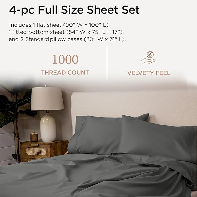 Threadmill Luxury Supima Cotton Sheets, Luxury 1000 Thread Count 100% Soft Cotton Sheets for Full Size Bed, 4 Pc Dark Grey Bed Sheets Full Set, 5-Star Hotel Quality Deep Pocket Bed Sheets Set