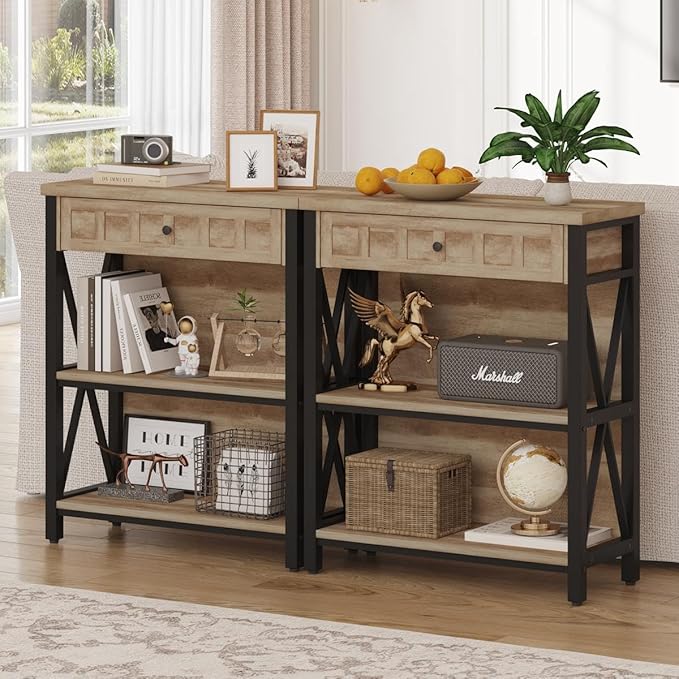 FATORRI Rustic Bookshelf with Drawer, Industrial Wood and Metal Bookcase, Small Short Book Shelf and Low Book case for Small Space (Rustic Oak)