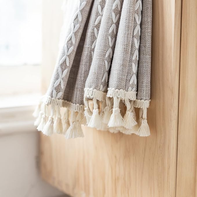 Linen Curtains 63 Inch Length 2 Panels for Living Room Embroidery Khaki Boho Curtains for Bedroom Rustic Farmhouse Tassel Light Filtering Window Curtains Rod Pocket Drapes (52" W x 63" L,Khaki)