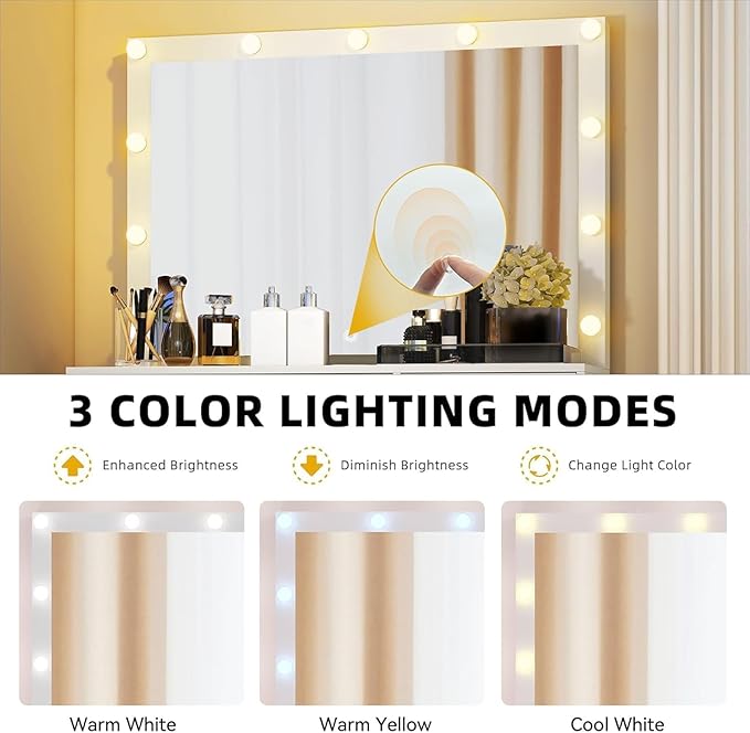 DWVO Vanity Table Set with Lighted Mirror and Stool, Makeup Desk with Power Outlets and 4 Drawers, Stylish Dressing Table