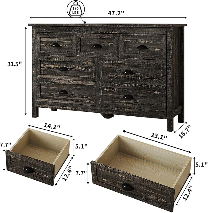 Dresser for Bedroom, Modern Black Dresser with 7 Drawers, Wide Chest of Drawers with Metal Handles,Wood Double Storage Cabinet for Living Room, Bedroom, Hallway