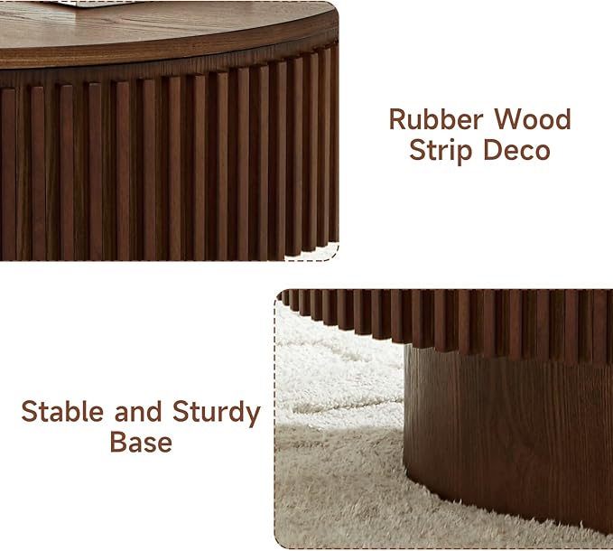 Round Coffee Table for Living Room,Fluted Drum Accent Tea Center Table with Storage,Circle Modern Coffee Tables for Small Space Office Apartment (31.5" L×31.5''W×14''H-Walnut)
