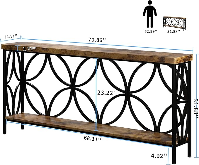 karlott 70.9 inch Extra Long Console Table, Industrial Sofa Table Behind Couch with 2 Tier Storage Shelf, Narrow Long Entryway Table for Living Room, Foyer, Hallway, Office, Rustic Brown