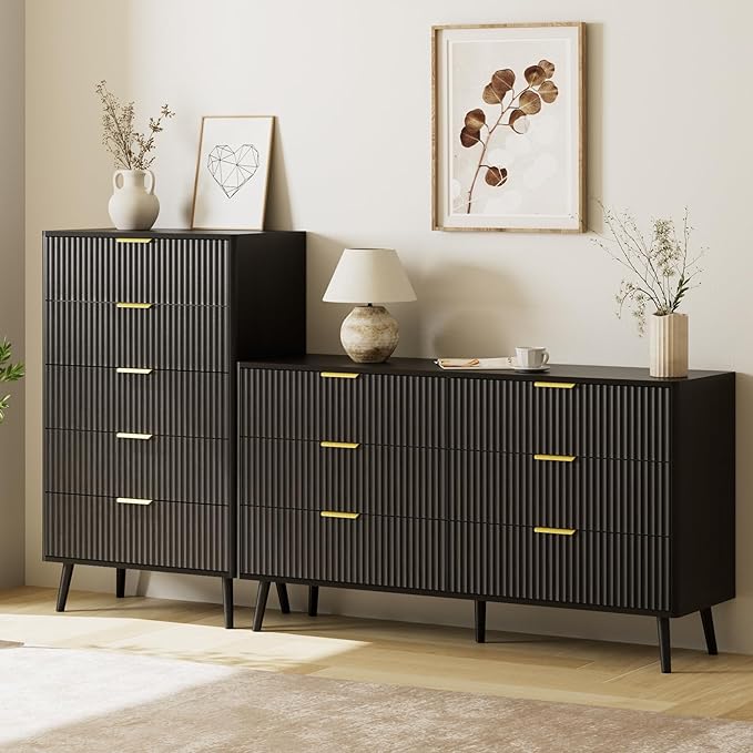 LYNSOM Fluted 5 Drawers Dresser, 45" Tall Modern Chest of Drawers with Curved Profile Design and Metal Handle, Wood Drawer Organizer for Bedroom, Living Room, Hallway, Entryway, Black