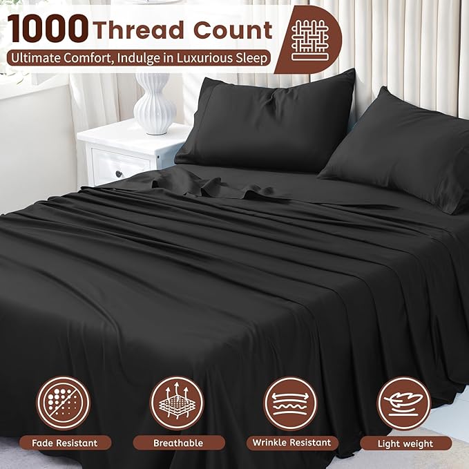 Bedlifes 1000 Thread Count 100% Egyptian Cotton California King Size Sheets Set - Sateen Soft Silky Breathable Luxury Cooling 4 Pieces (Black)