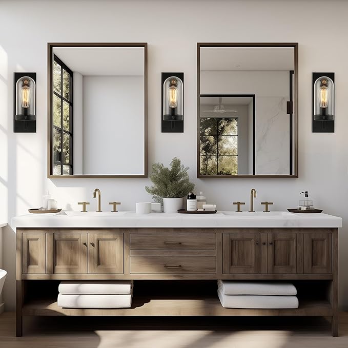 Black Wall Sconces Set of 2, Modern Farmhouse Bathroom Sconces with Clear Glass Shade, Vanity Lights for Bedroom Living Room Bathroom Hallway Stairwell