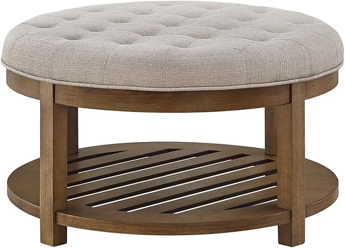 24KF Large Round Upholstered Tufted Linen Ottoman Coffee Table, Large Footrest Ottoman with Wood Shelf Storage-Iinen