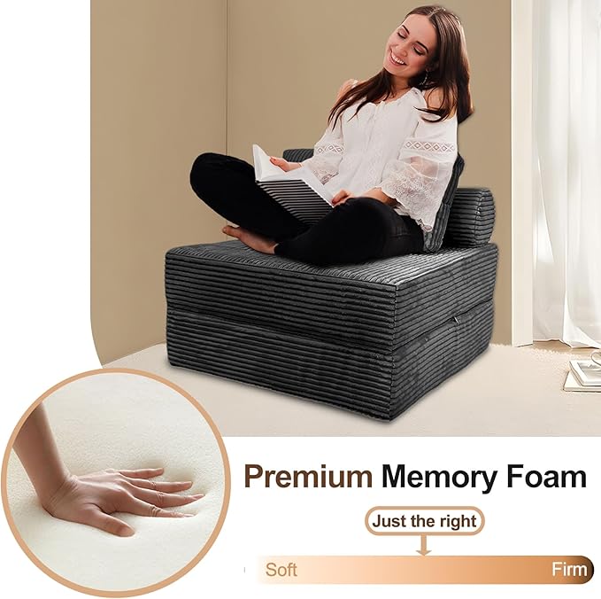 Comfy Foldable Sleeper Chair with Pillow, Supportive Memory Foam, Plush Corduroy Fabric, Cozy Floor Couch, Versatile Convertible Mattress for Bedroom/Living Room/Guest/Office, Dark Grey
