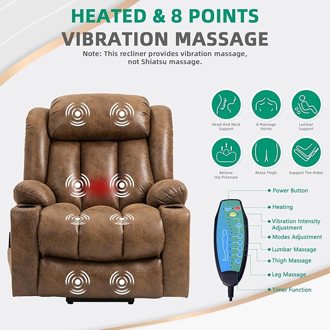 VIVIJASON Tall Man Large Power Lift Recliner Chair with Massage and Heat for Elderly, Overstuffed Wide Electric Lift Recliner with Extended Footrest, 2 Cup Holder, Side Pockets & USB Ports (Brown)
